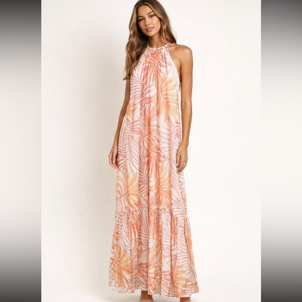 Ontwelfth Palm Leaf Print Resort Maxi Dress Faux Pearl Neckline Wmns M Tropical